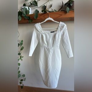 SHEIN White Long Sleeve Dress with Pearl Details